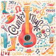 © LanaSham - Set of Country music elements for postcards or festival banners.  hand drawn illustration in flat doodle style. Guitar with written lettering.