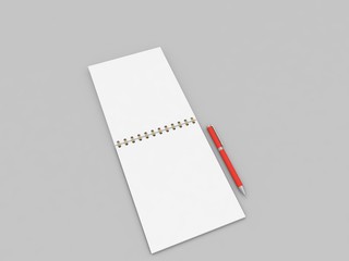 Paper notebook and pen on a gray background. 3d render illustration.