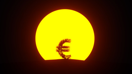 Silhouette of growing tree in a shape of a euro sign. 3D rendering.