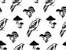 Hand Drawn Antique Magic Seamless Pattern. Vector Sketch Endless Illustration With Raven And Mushrooms. Halloween Party Retro Grunge Style Background Painted By Ink