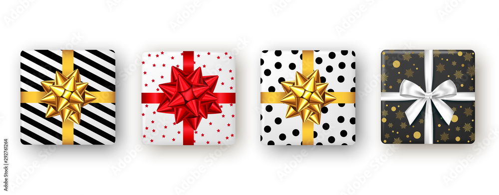 Gift box with red, golden ribbon and bow, top view. - obrazy, fototapety, plakaty 