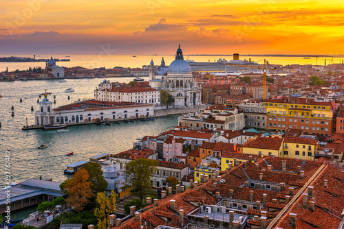 Aerial sunset view of Venice, Grand Canal and Basilica di Santa Maria della S...