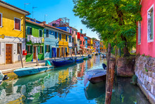 Street With Colorful Buildings And Canal In Burano Island, Venice, Italy. Architecture And Landmarks Of Venice, Venice Postcard
