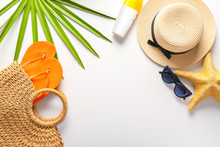Summer Composition With Beach Accessories On White Background