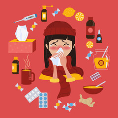 Young girl in red hat caught cold flu or virus. With red nose, high temperature and holds handkerchief. Ways to treat illness in a circle around. Vector isolated objects on red background