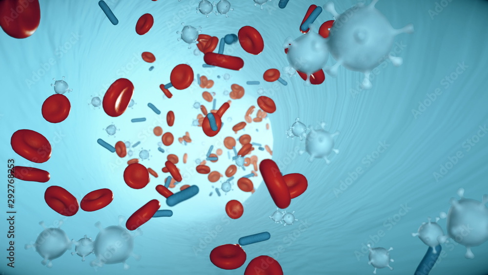 Red blood cells and viruses in the blood stream in an artery. 3D render ...