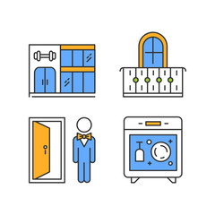 Sticker - Apartment amenities color icons set. Modern gymnasium building, apartment veranda, dishwasher. Male doorman, hotel manager, servant. Available services. Isolated vector illustrations