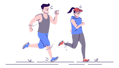 Wall Mural - Jogging caucasian man and woman flat vector illustration. Sport activity. Marathon training. Young running boy and girl isolated cartoon characters with outline elements on white background