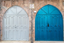 Arched Blue And White Double Doors In An Alley In The Market, Old City, Jerusalem, Israel