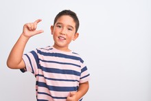 Beautiful Kid Boy Wearing Casual Striped T-shirt Standing Over Isolated White Background Smiling And Confident Gesturing With Hand Doing Small Size Sign With Fingers Looking And The Camera