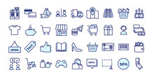 Icons Related With Commerce, Shops, Shopping Malls, Retail. Vector Illustration Filled Outline Design Set