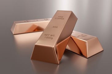 Three copper ingots or bars over reflective silver background - essential electronics production metal or money investment concept, 3D illustration