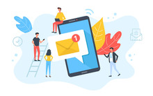 People And Email Message On Mobile Phone. Online Messaging, Social Media, Phone Notification, Business Technology Concepts. E-mail Letter On Smartphone Screen. Modern Flat Design. Vector Illustration