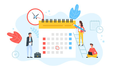 Wall Mural - Schedule, appointment, planning. Clock and calendar with marked date and group of people with pencil, laptop and briefcase. Time, business event concepts. Modern flat design. Vector illustration