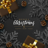 Fototapeta Panele - Christmas Black Background. Xmas design realistic brown gifts box, black snowflake and glitter silver, pine cones, decorative bauble. handwritten calligraphy text merry christmas and happy new year.