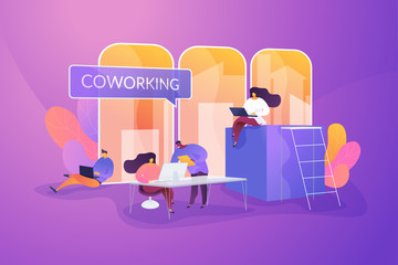 Sticker - Coworking space, informal workplace vector illustration. Productive teamwork organization, community management, collaborative project concept. Office workers working with laptops cartoon characters