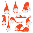 Cute funny christmas characters - white bearded gnomes in different positions with red hats. Christmas gnomes set, hand draw textured vector illustration for X-mas cards, greetings, design