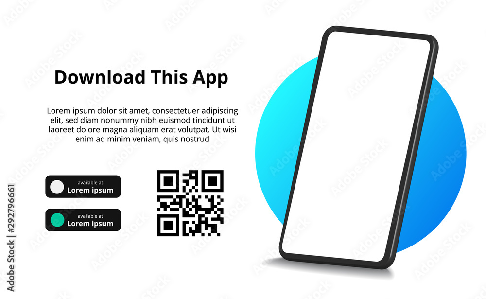 page banner advertising for downloading app for mobile phone, smartphone. Download buttons with scan qr code template. - obrazy, fototapety, plakaty 
