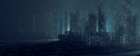 3D Rendering of abstract digital city with sky scrapping towers and glowing dots binary data in foggy ray light. Concept of big data, machine learning, artificial intelligence, virtual reality