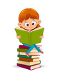 Little girl reads books. Little girl with a book in her hands. A girl is reading a book. Girl sitting on a stack of books