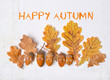 Happy Autumn. Happy little acorns and oak leaves on white table. funny acorns emotion face. cute smiling Family acorns in hats. children's creativity from forest harvest. fall season concept. 