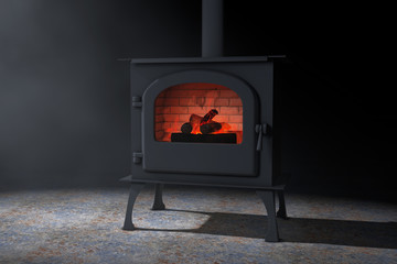 Wall Mural - Classic Оpen Home Fireplace Stove with Chimney Pipe and Firewood Burning with Red Hot Flame in the Volumetric Light. 3d Rendering