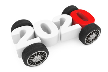 Poster - 2020 Year Concept with Car Wheels. 3d Rendering