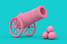 Pink Old Pirate Cannon With Cannonballs Duotone. 3d Rendering