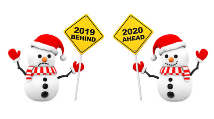 Aufkleber - Snowmans with 2019 and 2020 Year Signs. 3d Rendering