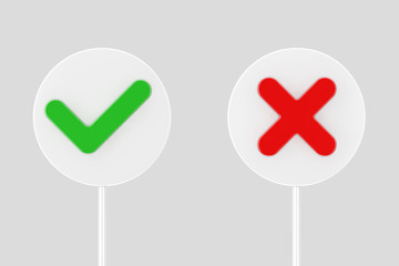 Fototapete - Red Cross and Green Check Mark, Confirm or Deny, Yes or No Banners Icon Signs. 3d Rendering