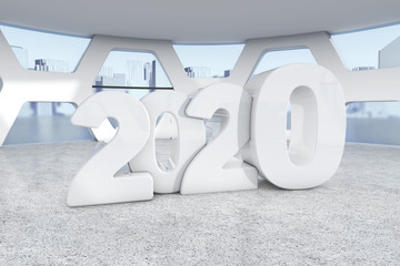 Poster - White New 2020 Year Sign in Abstract Bright Office Meeting Room. 3d Rendering