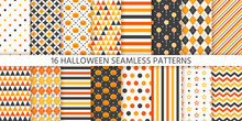 Halloween Pattern. Seamless Haloween Background. Vector. Texture With Pumpkin Face, Polka Dot, Star Stripes Triangle Rhombus. Geometric Wrapping Paper, Textile Print. Orange Yellow Black Illustration