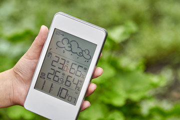 Wall Mural - Best personal weather station device with weather conditions inside and outside. A girl holds a gadget in her hand on a background of green foliage.