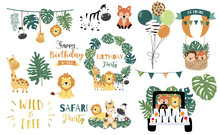 Safari Object Set With Fox,giraffe,zebra,lion,leaves,car. Illustration For Logo,sticker,postcard,birthday Invitation.Editable Element