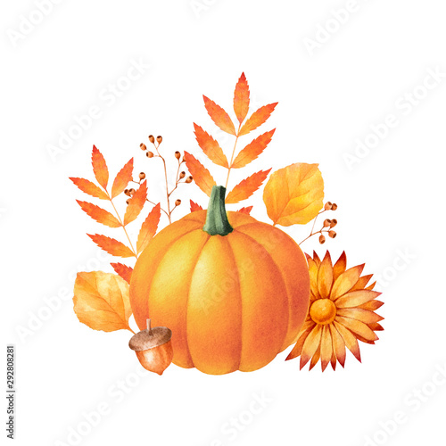 Download Fall Arrangement With Pumpkin Corns Chrysanthemum And Autumn Leaves Seasonal Watercolor Illustration Stock Illustration Adobe Stock