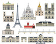 Cartoon symbols and objects set of Paris. Popular historical tourist architectural objects: Eiffel tower, Triumphal Arch, Louvre, Sacre Coeur Basilica, Elysee Palace, Notre Dame and another sights.