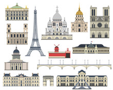 Cartoon Symbols And Objects Set Of Paris. Popular Historical Tourist Architectural Objects: Eiffel Tower, Triumphal Arch, Louvre, Sacre Coeur Basilica, Elysee Palace, Notre Dame And Another Sights.