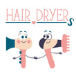 Two cartoon hair dryers holding hands. Love and friendship. Vector on white background