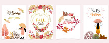 Collection Of Autumn Background Set With Leaves,maple,woman,wreath And Website Banner
