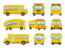The Set Of Vector Illustrations Of Nine Bright Yellow School Buses