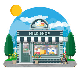 Wall Mural - Dairy store or milk shop with signboard, awning. Store facade with storefront. Farmer shop, showcase counter. Milk cheese yogurt butter sour cream. Nature outdoor cityscape. Flat vector illustration