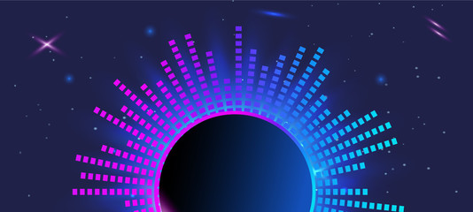 horizontal dark violet banner. Light purple futuristic equalizer in space. Planet sound on blue background. vector illustration.