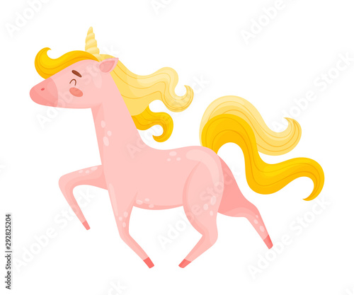 Fotografía Running Pink Unicorn With Waving Golden Mane And Tail Vector Illustration