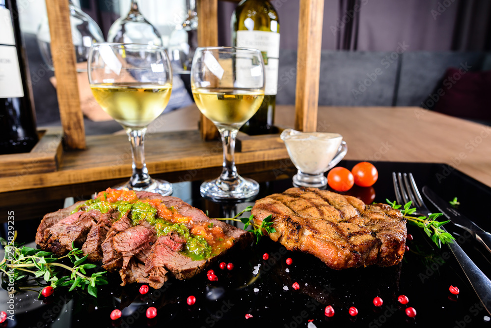 white wine ribeye steak, romantic dinner for two Stock Photo ...