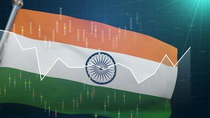 India flag on stock market background, trade finances Bombay, exchange currency