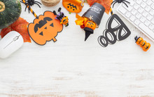 Happy Halloween Festival. Desktop Workspace Flat Lay Top View With Copy Space.