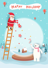 Merry Christmas Card With Santa Claus And Polar Bear On Snow Globe Frame.