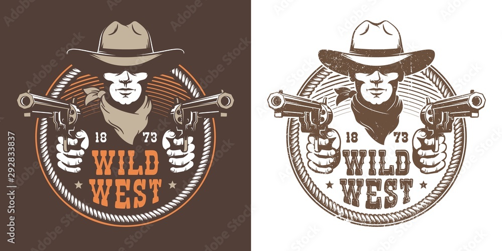 Cowboy with guns - wild west vintage logo. Bandit cowboy with pistol in a hat - retro emblem. Vector illustration. - obrazy, fototapety, plakaty 