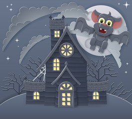 Wall Mural - A spooky Halloween haunted house scene with cute vampire bat in a cartoon papercraft style