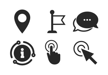 Sticker - Hand or Flag pointer symbols. Chat, info sign. Mouse cursor icon. Map location marker sign. Classic style speech bubble icon. Vector